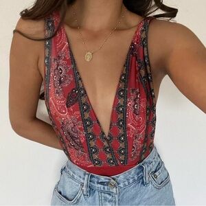 Urban Outfitters Red Paisley Plunge Neck Women's Bodysuit - Size XS - NWOT
